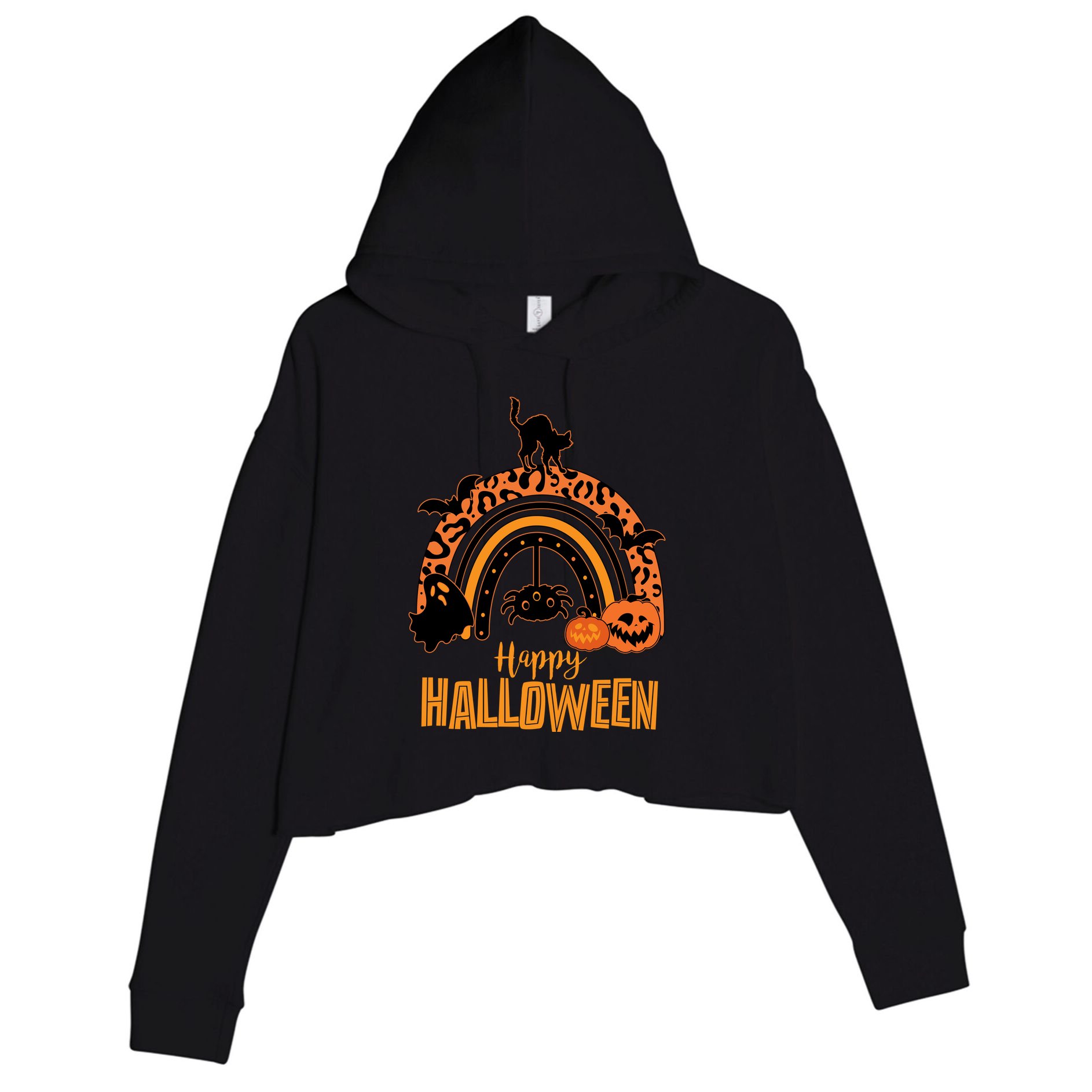 Happy Halloween Orange Patterned Rainbow Crop Fleece Hoodie