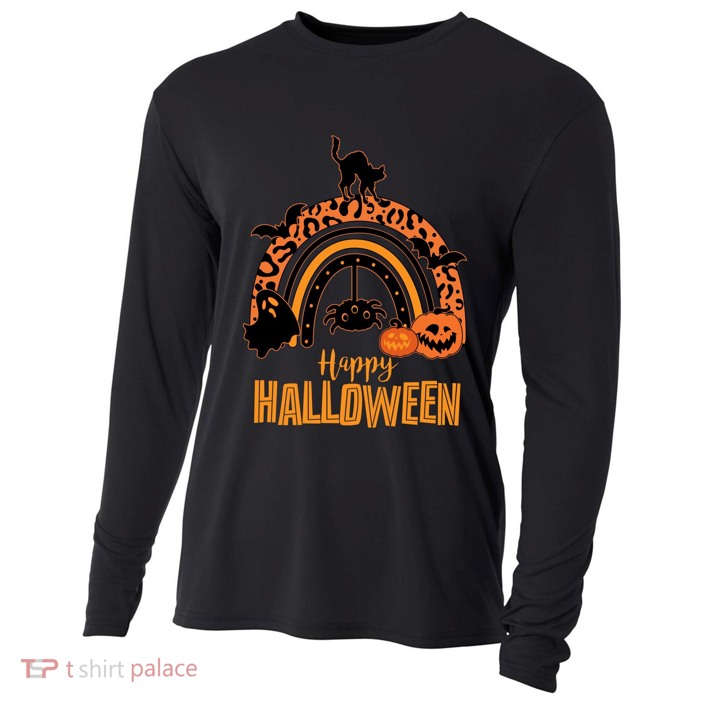 Happy Halloween Orange Patterned Rainbow Cooling Performance Long Sleeve Crew