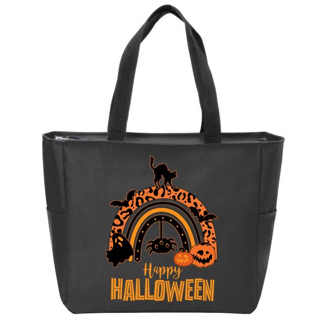 Happy Halloween Orange Patterned Rainbow Zip Tote Bag