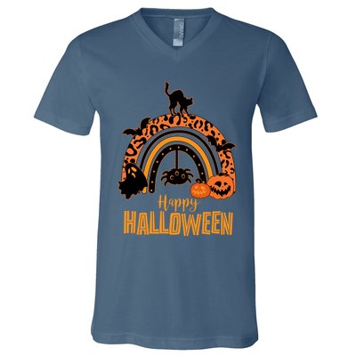 Happy Halloween Orange Patterned Rainbow V-Neck T-Shirt