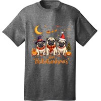 Happy Hallothanksmas Pug Dogs Halloween Thanksgiving Xmas T-Shirt