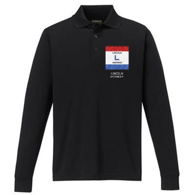 Historic Highway Pole Markers Lincoln Road Performance Long Sleeve Polo