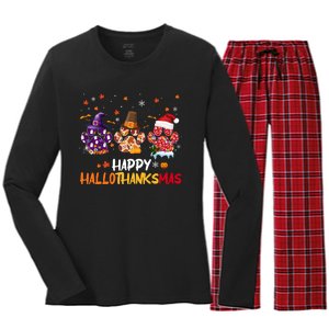 Happy Hallothanksmas Paw Halloween Thanksgiving Christmas Women's Long Sleeve Flannel Pajama Set 