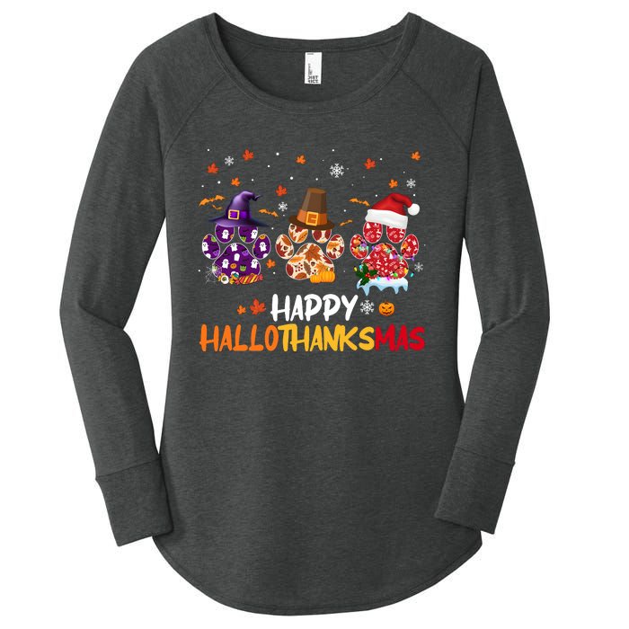 Happy Hallothanksmas Paw Halloween Thanksgiving Christmas Women's Perfect Tri Tunic Long Sleeve Shirt