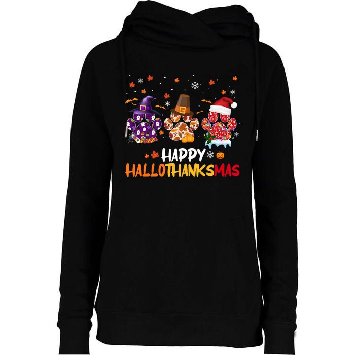 Happy Hallothanksmas Paw Halloween Thanksgiving Christmas Womens Funnel Neck Pullover Hood