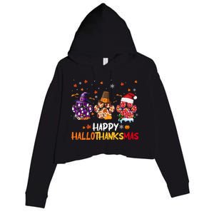 Happy Hallothanksmas Paw Halloween Thanksgiving Christmas Crop Fleece Hoodie