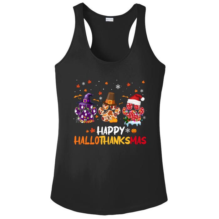 Happy Hallothanksmas Paw Halloween Thanksgiving Christmas Ladies PosiCharge Competitor Racerback Tank