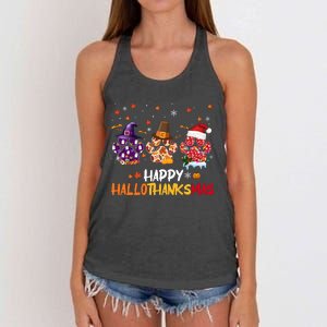 Happy Hallothanksmas Paw Halloween Thanksgiving Christmas Women's Knotted Racerback Tank