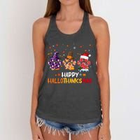 Happy Hallothanksmas Paw Halloween Thanksgiving Christmas Women's Knotted Racerback Tank