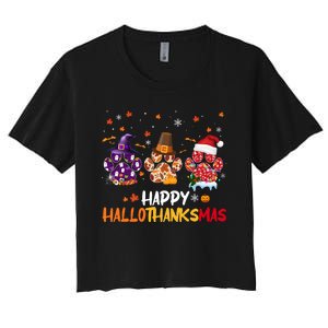 Happy Hallothanksmas Paw Halloween Thanksgiving Christmas Women's Crop Top Tee