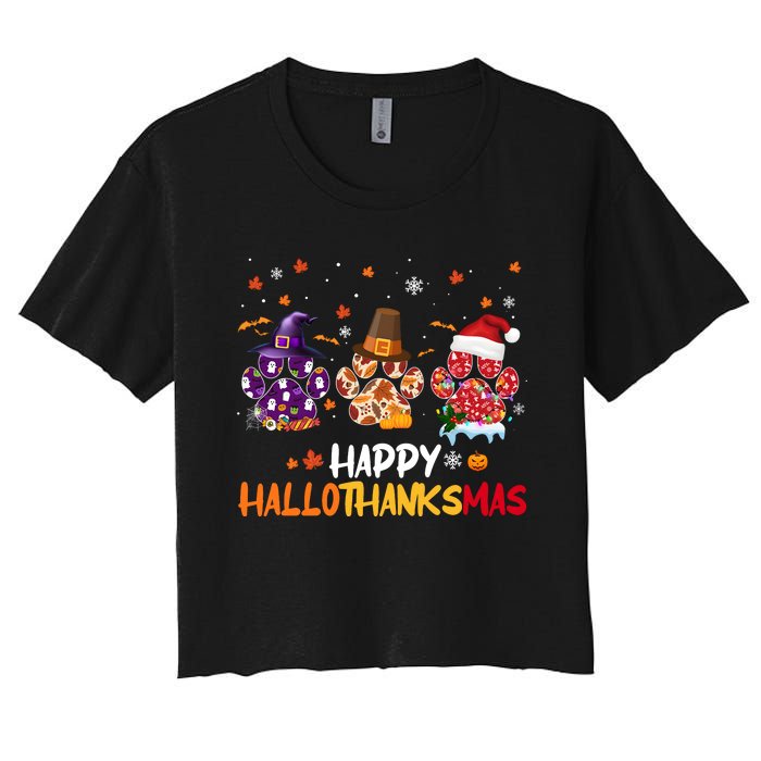 Happy Hallothanksmas Paw Halloween Thanksgiving Christmas Women's Crop Top Tee