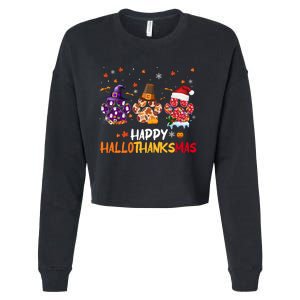 Happy Hallothanksmas Paw Halloween Thanksgiving Christmas Cropped Pullover Crew