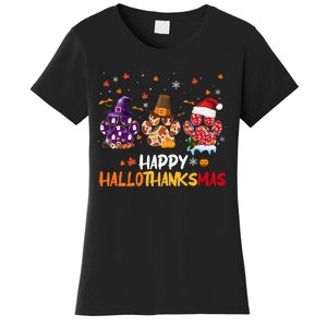 Happy Hallothanksmas Paw Halloween Thanksgiving Christmas Women's T-Shirt