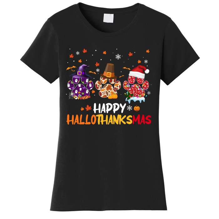 Happy Hallothanksmas Paw Halloween Thanksgiving Christmas Women's T-Shirt