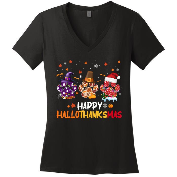 Happy Hallothanksmas Paw Halloween Thanksgiving Christmas Women's V-Neck T-Shirt