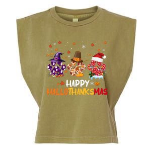 Happy Hallothanksmas Paw Halloween Thanksgiving Christmas Garment-Dyed Women's Muscle Tee