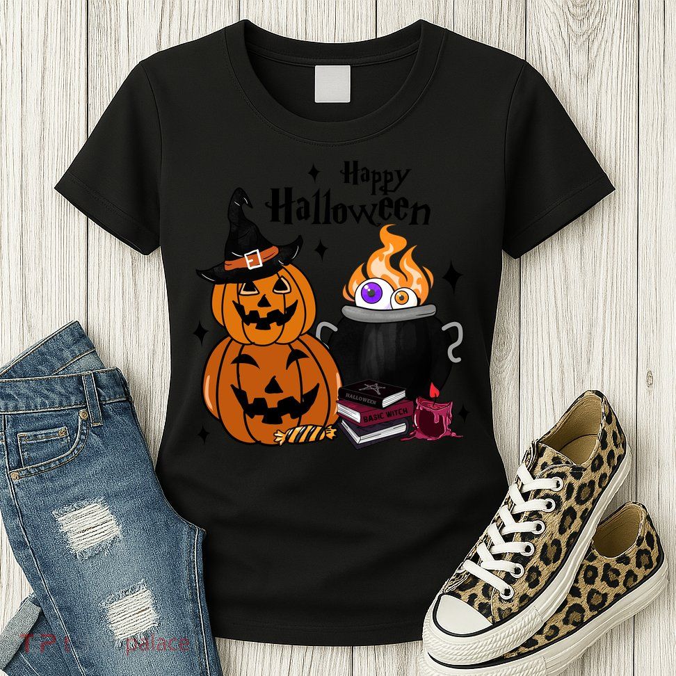 Happy Halloween Potluck Pumpkin Witch Spooky Graphic Plus Size Party Womens T-Shirt