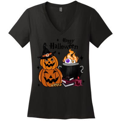 Happy Halloween Potluck Pumpkin Witch Spooky Graphic Plus Size Party Women's V-Neck T-Shirt