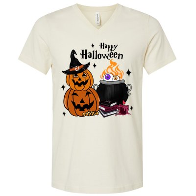 Happy Halloween Potluck Pumpkin Witch Spooky Graphic Plus Size Party V-Neck T-Shirt
