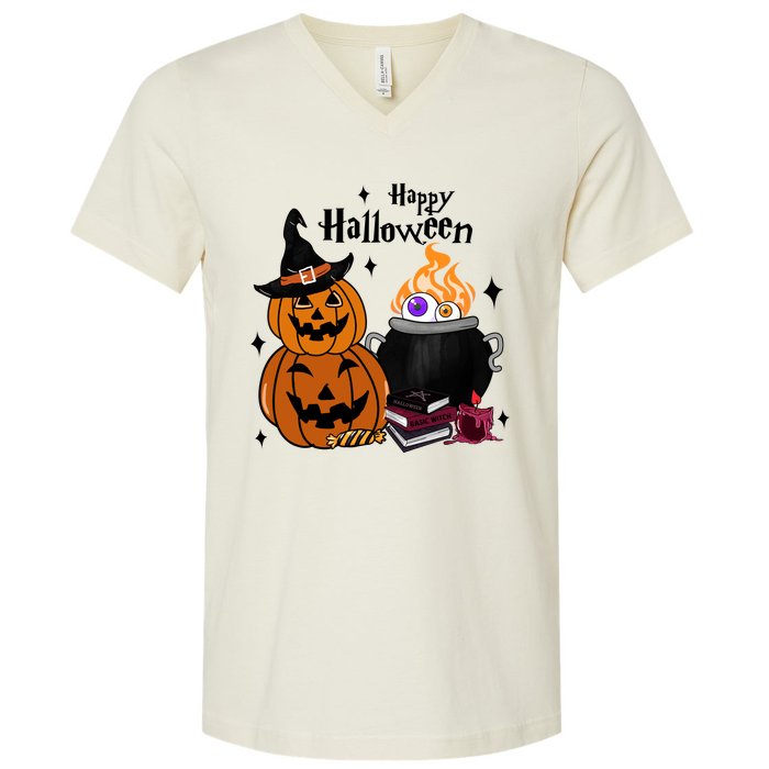 Happy Halloween Potluck Pumpkin Witch Spooky Graphic Plus Size Party V-Neck T-Shirt