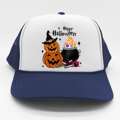 Happy Halloween Potluck Pumpkin Witch Spooky Graphic Plus Size Party Trucker Hat