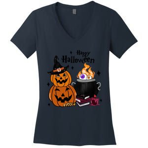 Happy Halloween Potluck Pumpkin Witch Spooky Graphic Plus Size Party Women's V-Neck T-Shirt