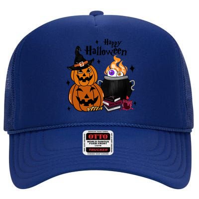 Happy Halloween Potluck Pumpkin Witch Spooky Graphic Plus Size Party High Crown Mesh Back Trucker Hat