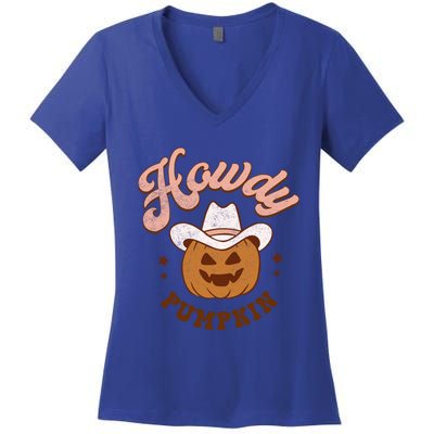 Halloween Howdy Pumpkin Cow Hat Happy Meaningful Gift Women's V-Neck T-Shirt