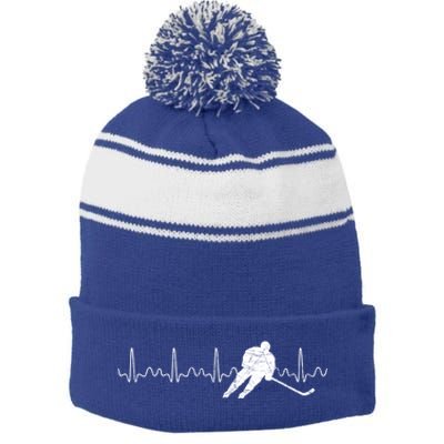 Heartbeat Hockey Player Goalie Sports Athlete Ice Hockey Cool Gift Stripe Pom Pom Beanie