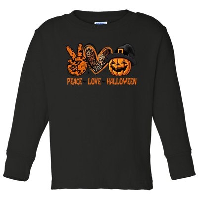 Happy Halloween Peace Love Halloween Pumpkin Leopard Heart Toddler Long Sleeve Shirt