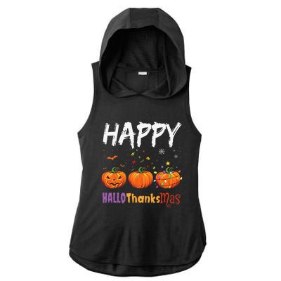 Happy Hallothanksmas Pumpkin Halloween Thanksgiving Xmas Ladies PosiCharge Tri-Blend Wicking Draft Hoodie Tank