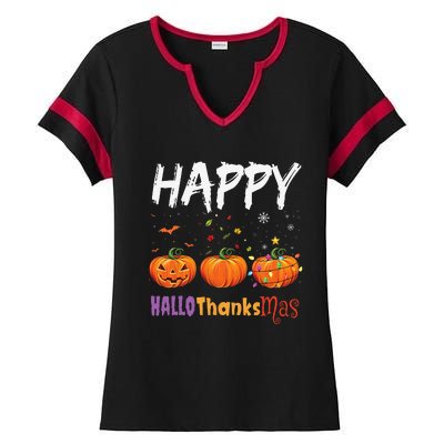 Happy Hallothanksmas Pumpkin Halloween Thanksgiving Xmas Ladies Halftime Notch Neck Tee