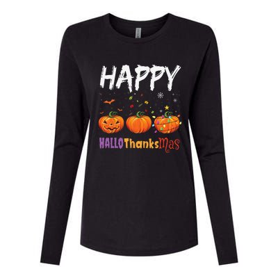 Happy Hallothanksmas Pumpkin Halloween Thanksgiving Xmas Womens Cotton Relaxed Long Sleeve T-Shirt