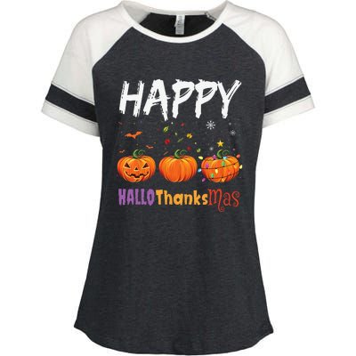 Happy Hallothanksmas Pumpkin Halloween Thanksgiving Xmas Enza Ladies Jersey Colorblock Tee