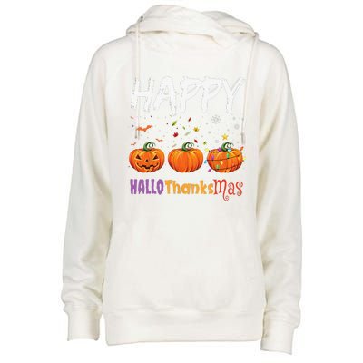 Happy Hallothanksmas Pumpkin Halloween Thanksgiving Xmas Womens Funnel Neck Pullover Hood