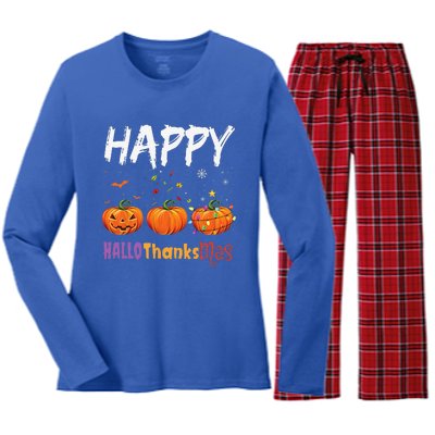 Happy Hallothanksmas Pumpkin Halloween Thanksgiving Xmas Women's Long Sleeve Flannel Pajama Set 