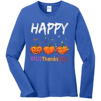 Happy Hallothanksmas Pumpkin Halloween Thanksgiving Xmas Ladies Long Sleeve Shirt