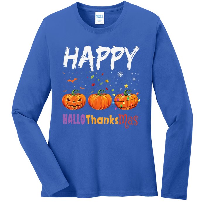 Happy Hallothanksmas Pumpkin Halloween Thanksgiving Xmas Ladies Long Sleeve Shirt