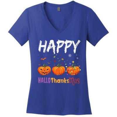 Happy Hallothanksmas Pumpkin Halloween Thanksgiving Xmas Women's V-Neck T-Shirt