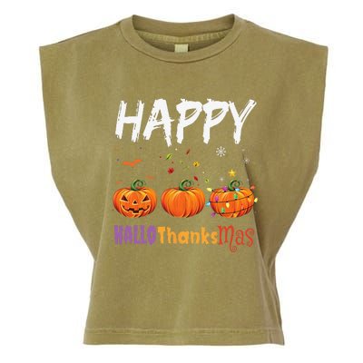 Happy Hallothanksmas Pumpkin Halloween Thanksgiving Xmas Garment-Dyed Women's Muscle Tee