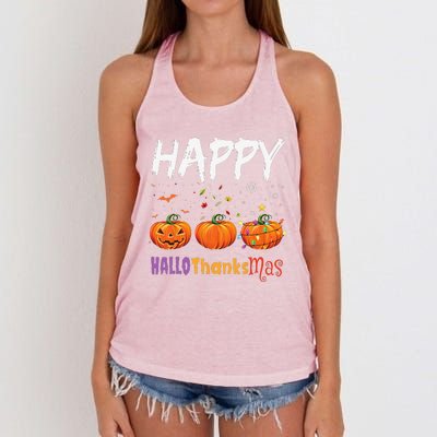 Happy Hallothanksmas Pumpkin Halloween Thanksgiving Xmas Women's Knotted Racerback Tank