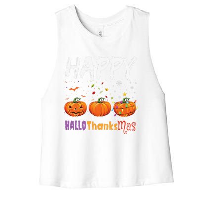 Happy Hallothanksmas Pumpkin Halloween Thanksgiving Xmas Women's Racerback Cropped Tank