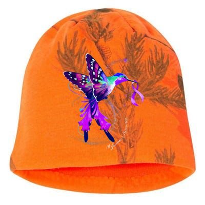 Hummingbird Holding Purple Ribbon AlzheimerS Kati - Camo Knit Beanie