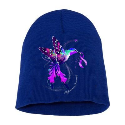 Hummingbird Holding Purple Ribbon AlzheimerS Short Acrylic Beanie