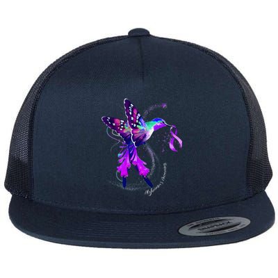 Hummingbird Holding Purple Ribbon AlzheimerS Flat Bill Trucker Hat