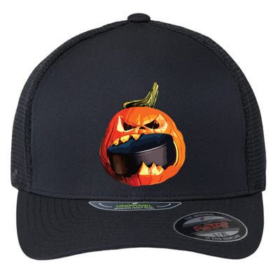 Halloween Hockey Pumpkin Eating A Puck Flexfit Unipanel Trucker Cap