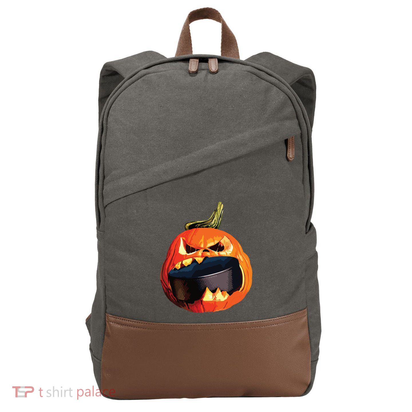 Halloween Hockey Pumpkin Eating A Puck Cotton Canvas Backpack