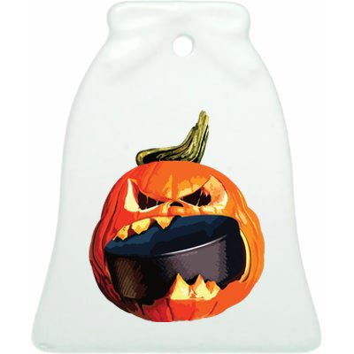 Halloween Hockey Pumpkin Eating A Puck Ceramic Bell Ornament