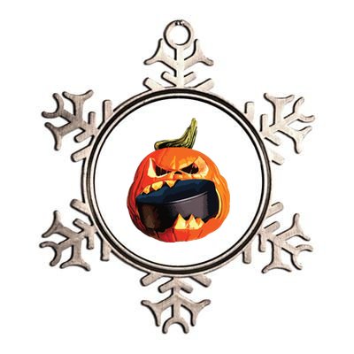 Halloween Hockey Pumpkin Eating A Puck Metallic Star Ornament