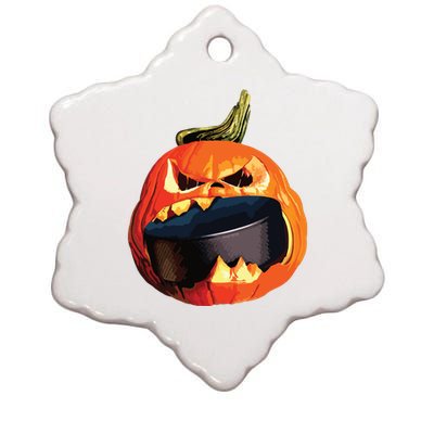 Halloween Hockey Pumpkin Eating A Puck Ceramic Star Ornament